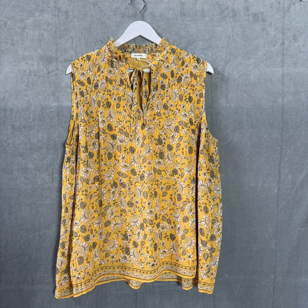 Max Studio Yellow Floral Tank Top XL Pleated Sleeveless Blouse Ruffle Neck Boho